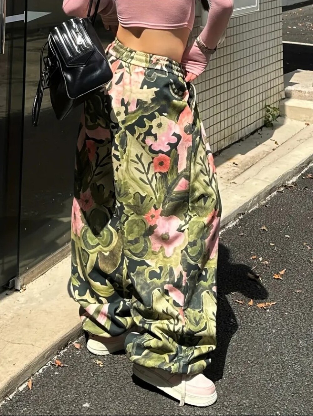 Women'S Vintage Oil Painting Floral Print Pants - Drawstring Elastic Waist